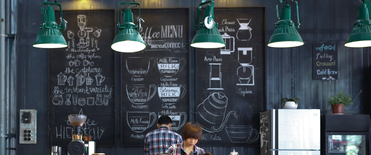cafe with vertical menu boards