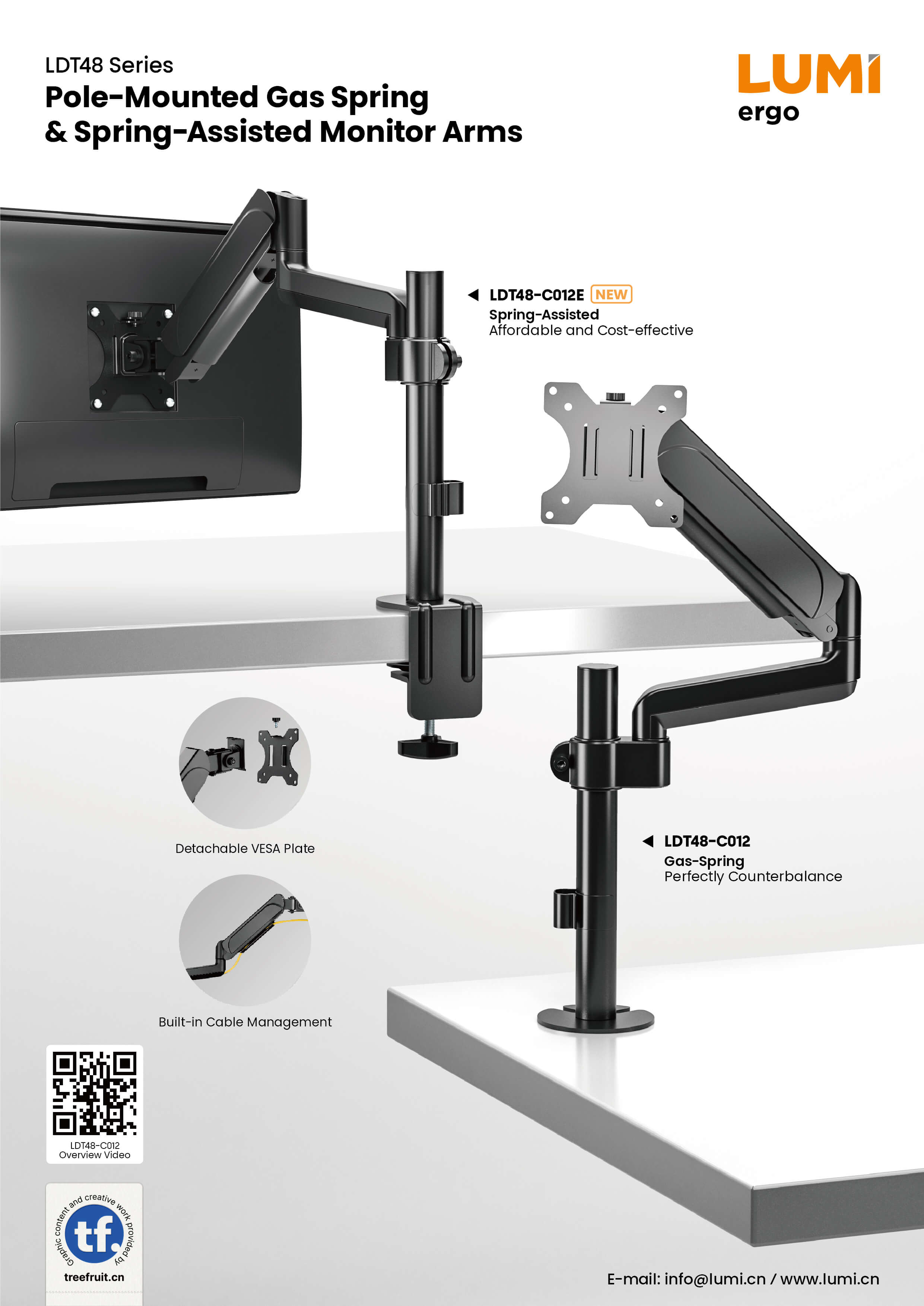 LDT48 Series Pole-Mounted Gas Spring & Spring-Assisted Monitor Arms