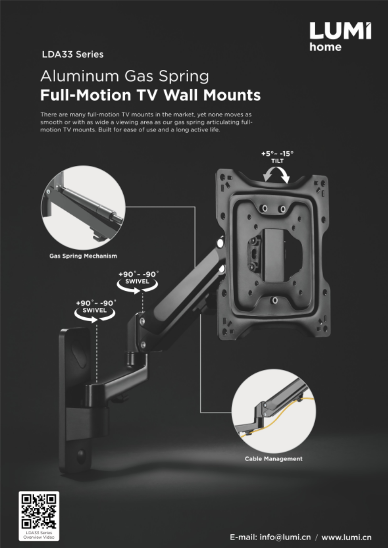 LDA33 Series-Aluminum Gas Spring Full-Motion TV Wall Mounts