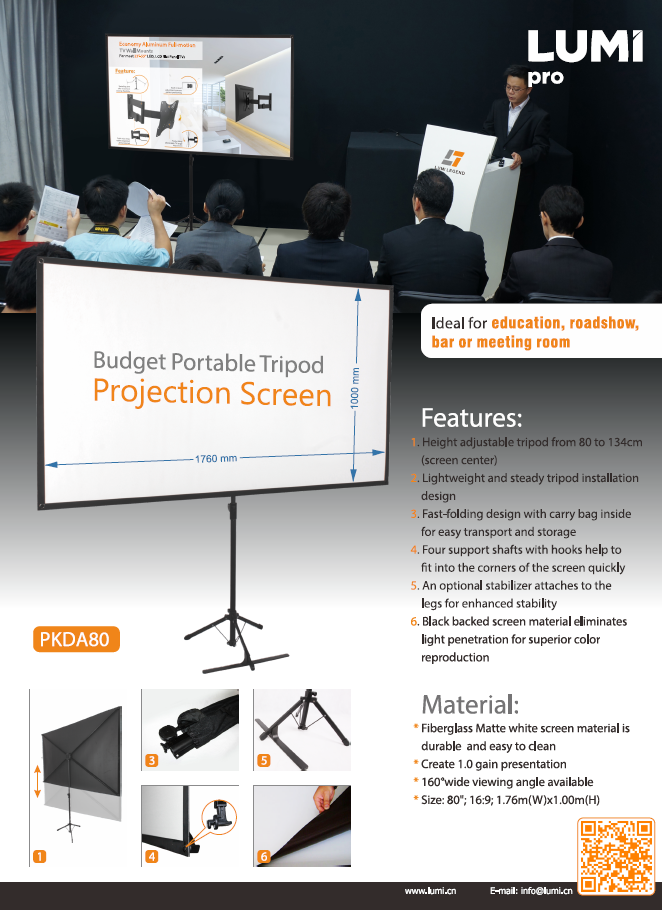 PKDA80 Budget Portable Tripod Projection Screen-80"/16:9