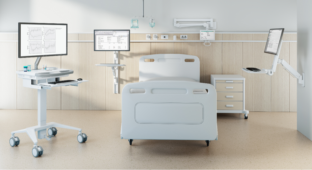 Medical Equipment Wall Mounts and Mobile Workstation in a patient room