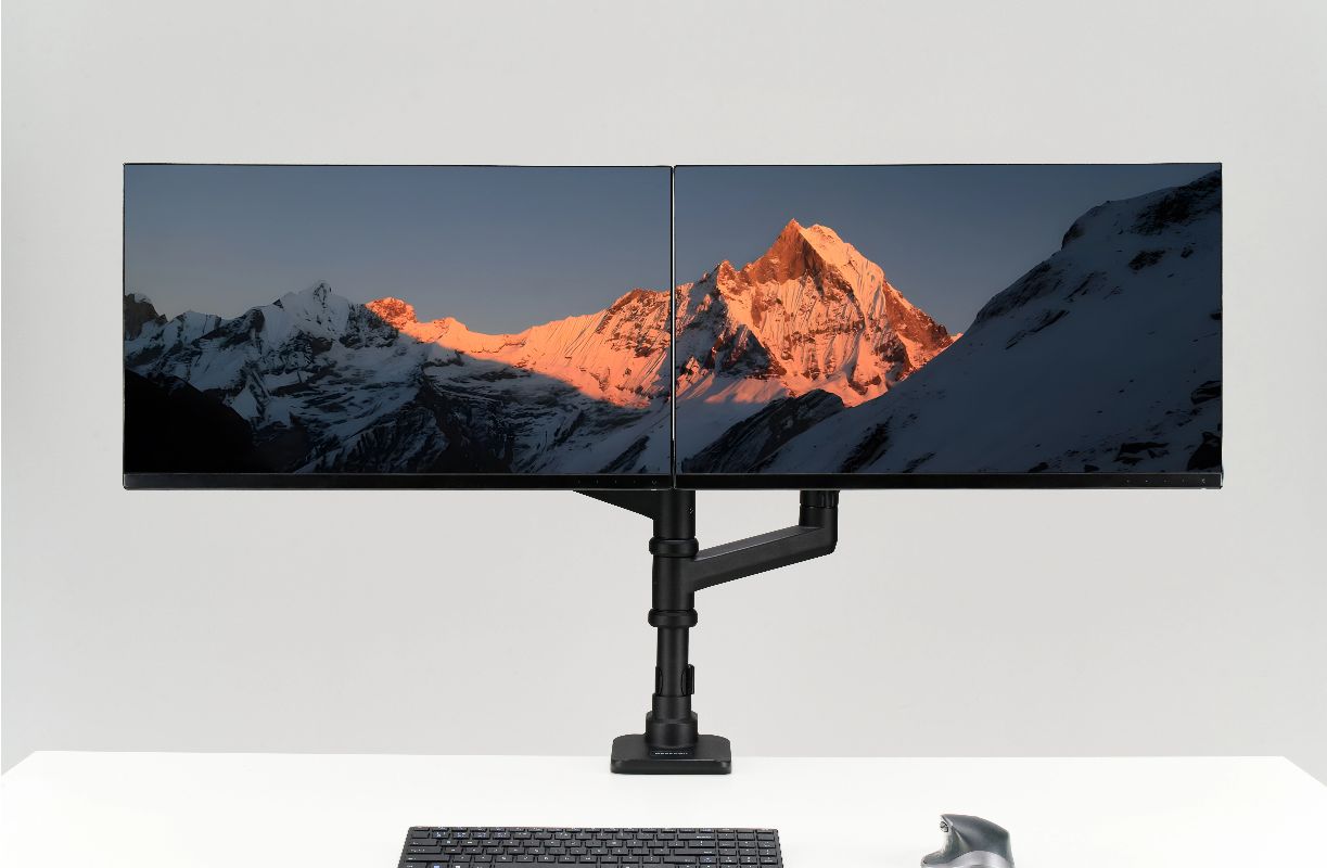 dual monitor, dual monitor arm, dual monitor stand, multi task, stacked curved monitor setup, stackable monitor mount, dual computer monitor stand, dual screen stand, pc monitor dual stand