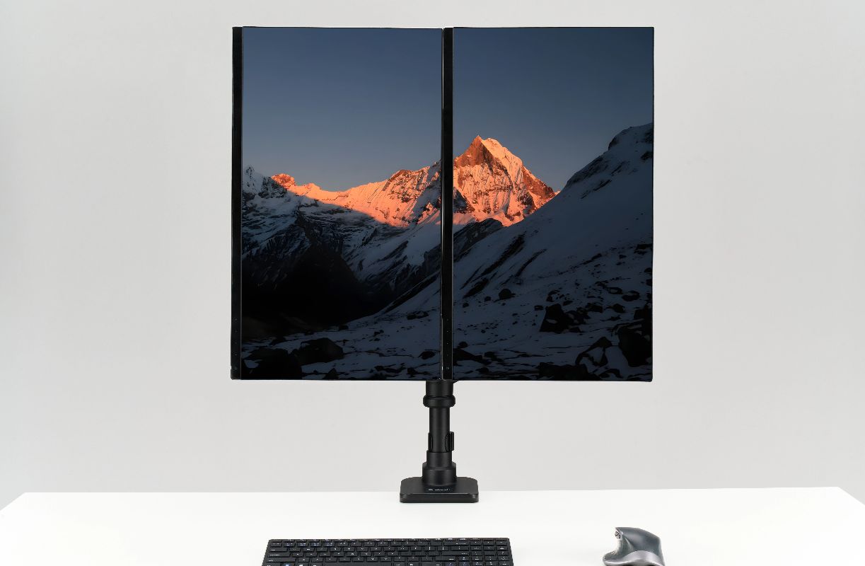 dual monitor, dual monitor arm, dual monitor stand, multi task, stacked curved monitor setup, stackable monitor mount, dual computer monitor stand, dual screen stand, pc monitor dual stand