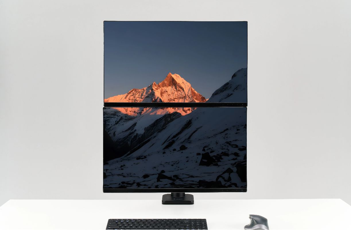 dual monitor, dual monitor arm, dual monitor stand, multi task, stacked curved monitor setup, stackable monitor mount, dual computer monitor stand, dual screen stand, pc monitor dual stand