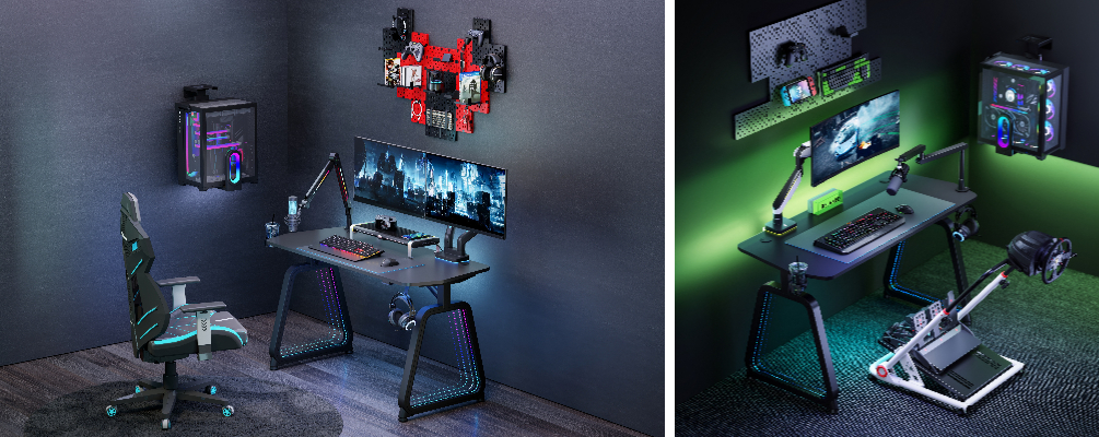 gaming room, gaming room setup, gaming setup, gaming chair, gaming desk, monitor arm, monitor stand, monitor riser
