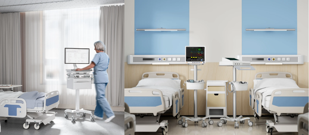 Medical Equipment Wall Mounts and Mobile Workstation in a patient room