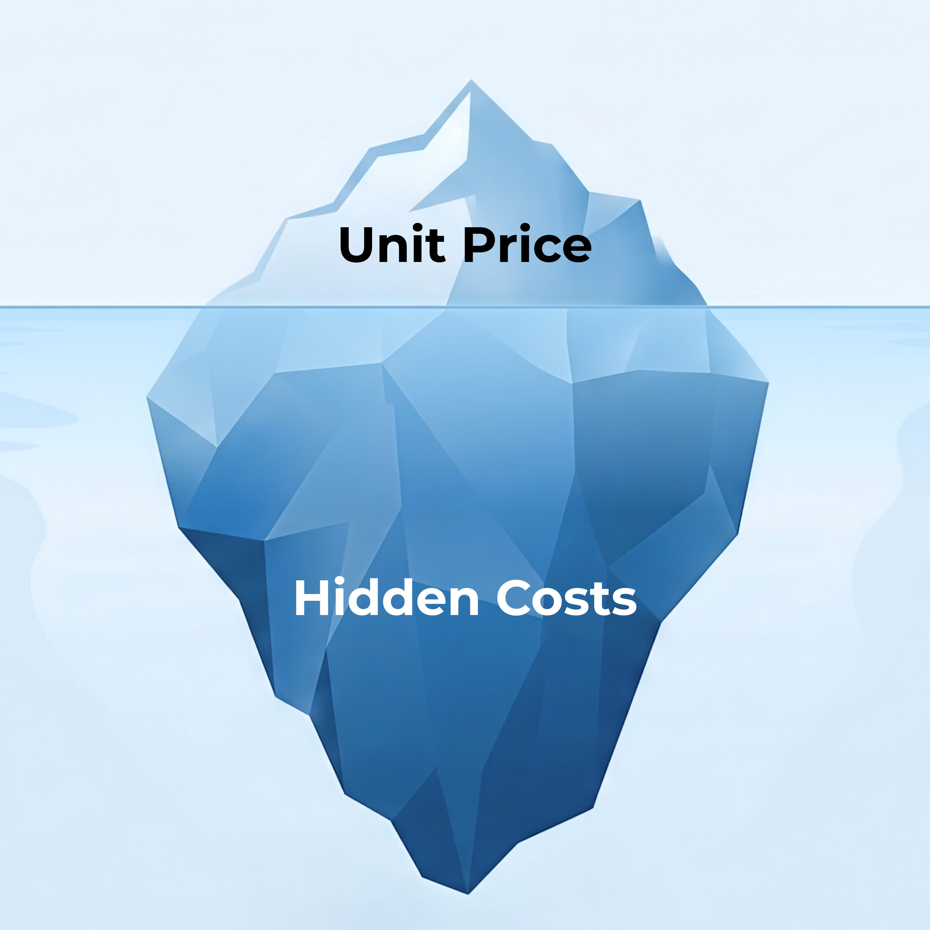 An iceberg infographic illustrating the "Total Cost of Ownership" in sourcing, showing "Unit Price" above the water and a much larger section of "Hidden Costs" submerged below.