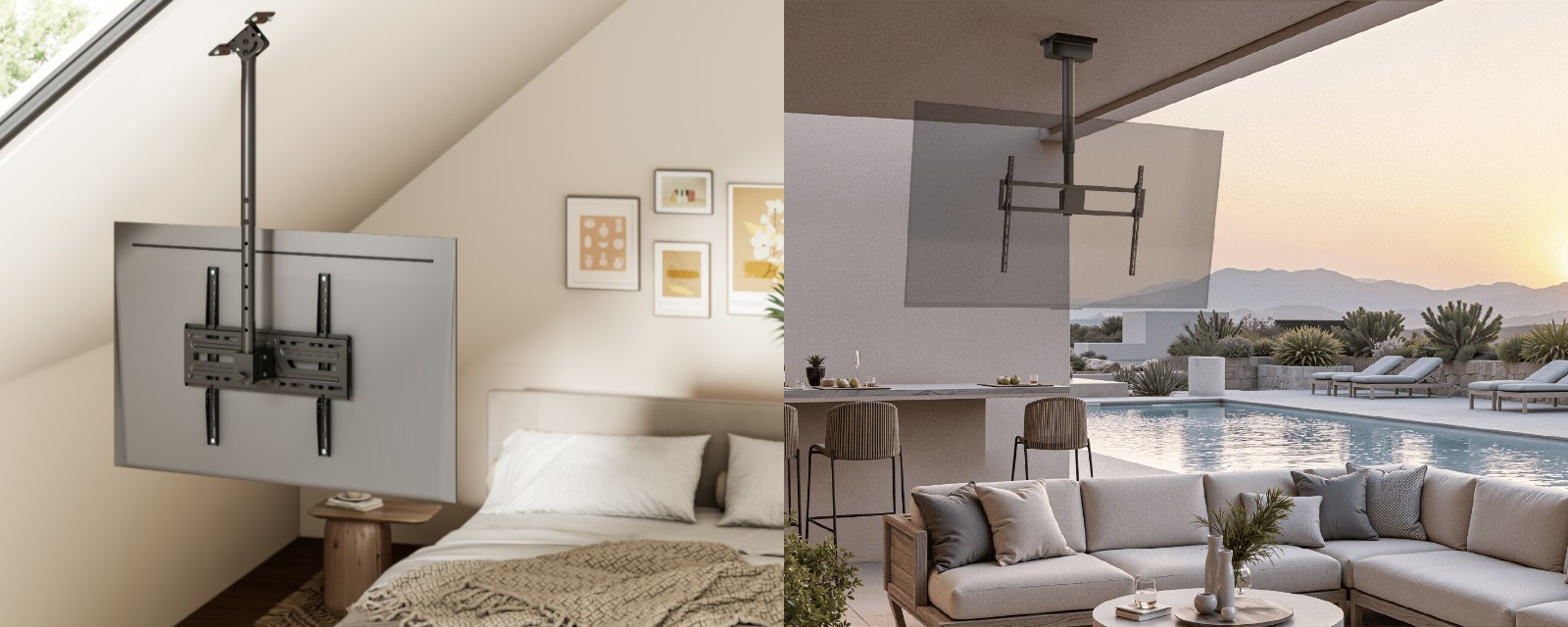 Adjustable ceiling TV mount demonstrated in a sloped-ceiling bedroom and an outdoor patio setting.