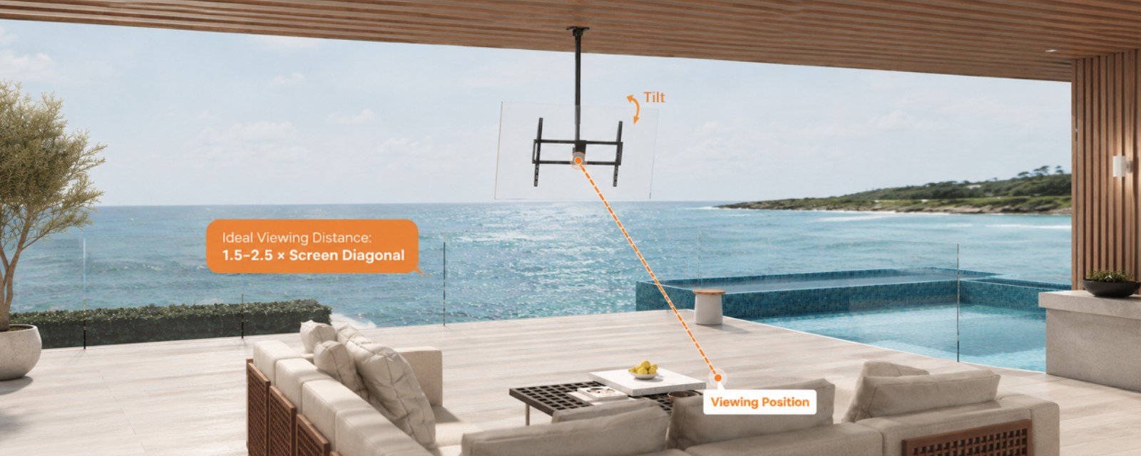 Ceiling TV mount installed on an outdoor patio showing ideal viewing distance and tilt angle.