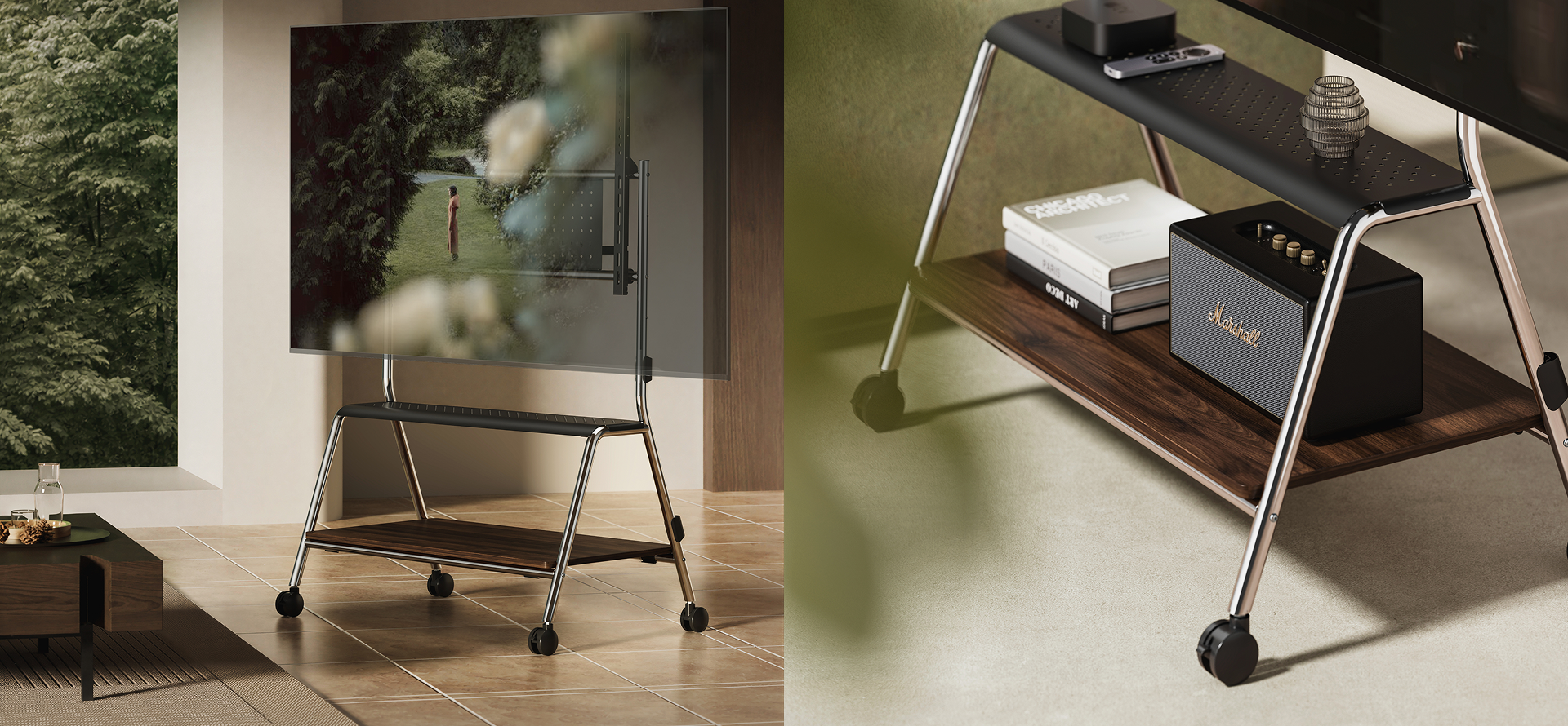 Heavy-Duty Mobile TV Carts with Two-Tier Storage & Pegboard Organizer