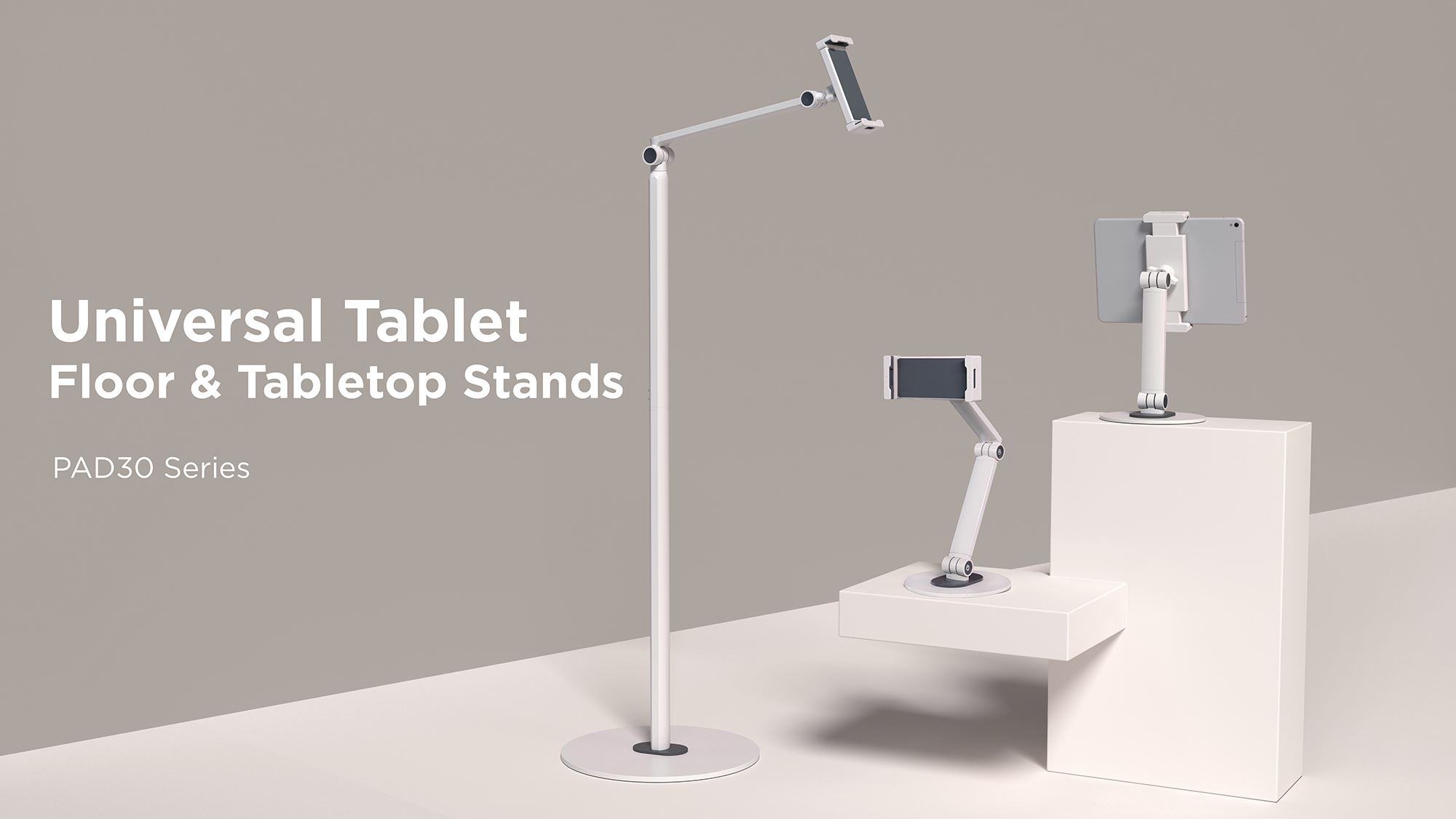 Three white universal tablet floor and tabletop stands