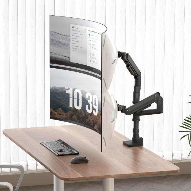 Fabulous Pole-Mounted Gas Spring Dual Monitor Arm LDT69-C024P Supports monitors up to 49’’ or weights ups to 20kg (44lbs) from china(chinese)
